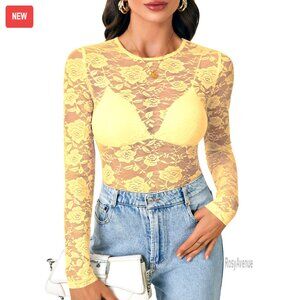 Mesh Long Sleeve Sheer Blouse Floral Lace See Through Top Women's Shirt